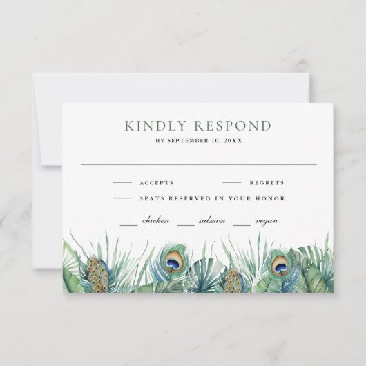 グリーントロピカルインディアンピーコックフェザー結婚ズ 出欠カード (正面)