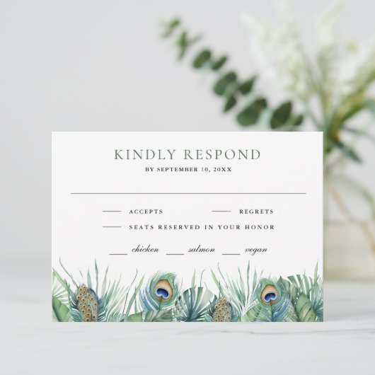 グリーントロピカルインディアンピーコックフェザー結婚ズ 出欠カード (スタンド正面)