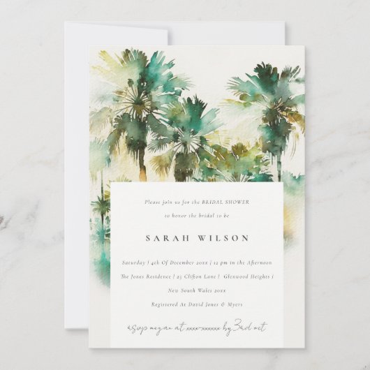 グリーントロピカルウォーターカラーパームツリーブライダルシャワー 招待状 (正面)