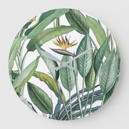 グリーントロピカルジャングルバナナツリーストレリツィア ラージ壁時計 (正面)