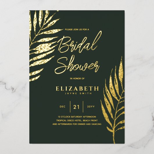 グリーントロピカルディスコブライダルシャワー金ゴールド 箔招待状 (正面)