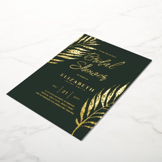 グリーントロピカルディスコブライダルシャワー金ゴールド 箔招待状 (回転した状態)