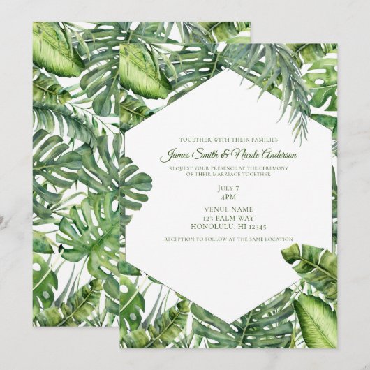 グリーントロピカルパームリーフ サマーアイランドウェディング 招待状 (正面/裏面)