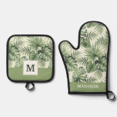 グリーントロピカルパーム葉のパターン 鍋つかみ&鍋敷きセット (正面)