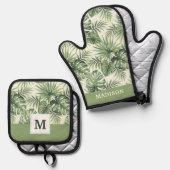グリーントロピカルパーム葉のパターン 鍋つかみ&鍋敷きセット (正面/裏面)