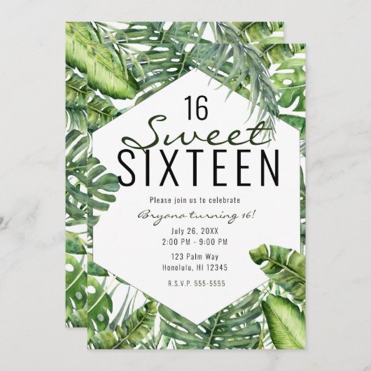 グリーントロピカルパーム葉ズサマーアイランドスウィート16 招待状 (正面/裏面)