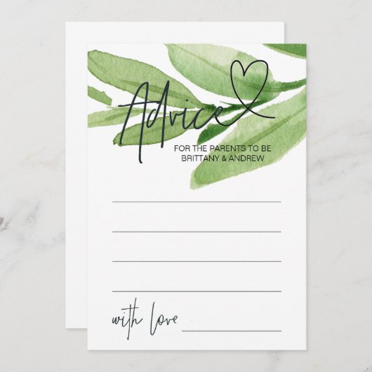 グリーントロピカルベビーシャワーアドバイスゲームカード 招待状 (正面/裏面)