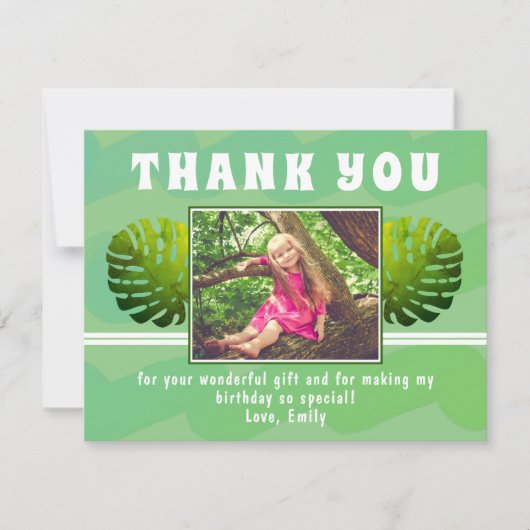 グリーントロピカルリーフウォーターカラーガールフォト誕生日 サンキューカード (正面)