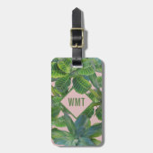 グリーントロピカルリーフモノグラムピンクラゲッジタグ ラゲッジタグ (正面縦)