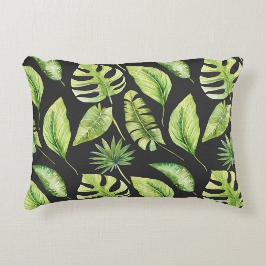 グリーントロピカル葉パターンブラックボタニカル アクセントクッション (正面)