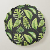 グリーントロピカル葉パターンブラックボタニカル ラウンドクッション (裏面)