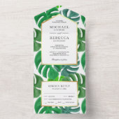 グリーントロピカル モンステラの葉 ウェディング オールインワン招待状 (内側)