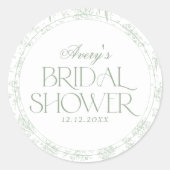 グリーントワール フラワーベースのヴィンテージ ブライダルシャワー ラウンドシール (正面)