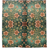 グリーントーンオレンジ色の花アールヌーボー シャワーカーテン (正面)