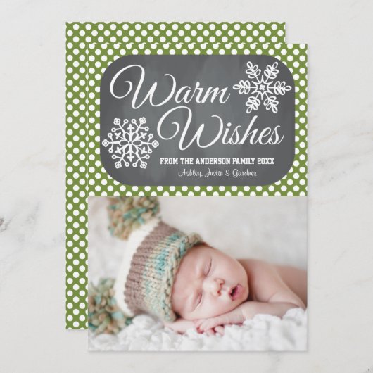 グリーンドットチャルクボードスノーフレークホリデーフォトカード シーズンカード (正面/裏面)