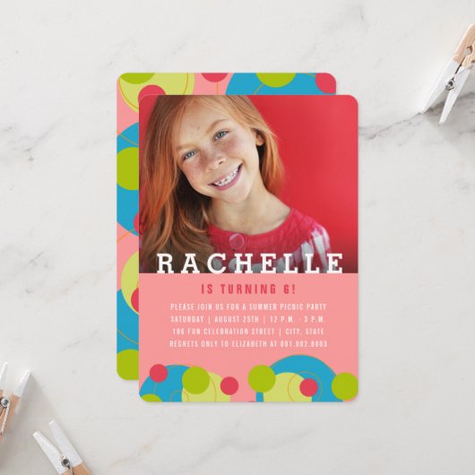 グリーンドット泡kidフォトガールズ誕生日パーティー 招待状 (正面/裏面インサイチュ)