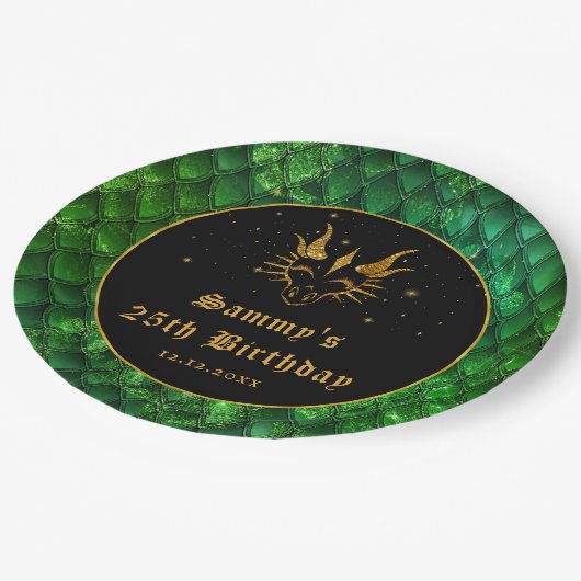 グリーンドラゴンはかりで測金ゴールドフェイクグリッター誕生日 ペーパープレート (アングル)