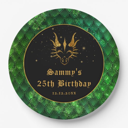 グリーンドラゴンはかりで測金ゴールドフェイクグリッター誕生日 ペーパープレート (正面)