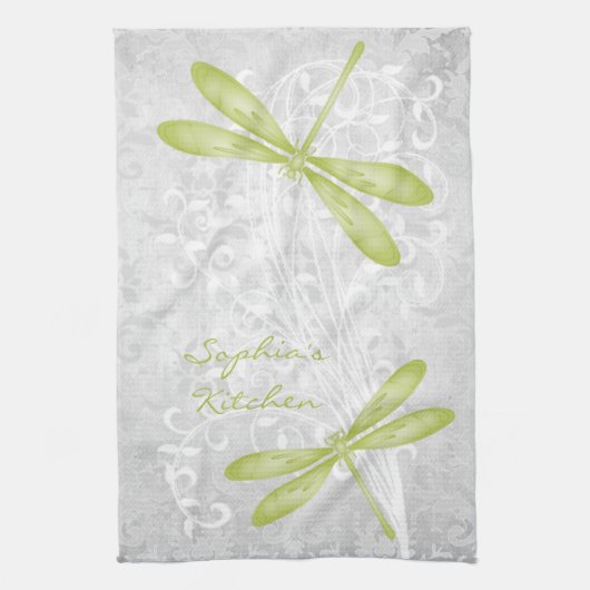 グリーンドラゴンフライパーソナライズされたキッチンタオル キッチンタオル (縦)