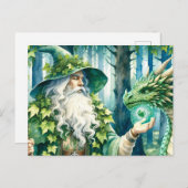 グリーンドラゴン白熱［赤熱］光を放つ付きウッドランド魔法使い ポストカード (正面/裏面)