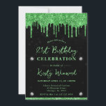 グリーンドリップグリッターブラック《写真》ぼけ味21st誕生日 招待状<br><div class="desc">ダイヤモンドエレガント付きブラック《写真》ぼけ味パターンデザイン上の緑の滴下グリッター</div>