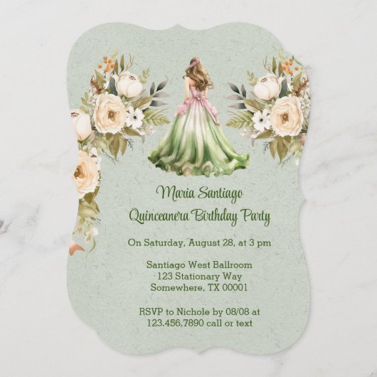 グリーンドレスとピンクドレスキンセアニェラ誕生日パーティー 招待状 (正面/裏面)