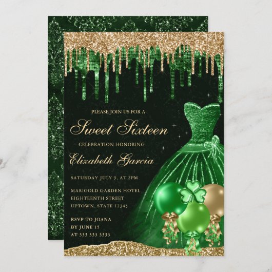 グリーンドレスと金ゴールド滴下グリッタースイート16 招待状 (正面/裏面)