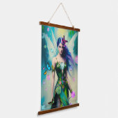 グリーンドレスの女性のブルーヘアフェアリーポートレート 吊り下げ型タペストリー (傾斜あり)