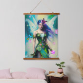 グリーンドレスの女性のブルーヘアフェアリーポートレート 吊り下げ型タペストリー (寝室)