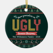 グリーンニット醜いセーターのクリスマスノルディックあなたの名前 セラミックオーナメント (正面)