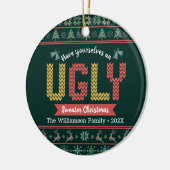 グリーンニット醜いセーターのクリスマスノルディックあなたの名前 セラミックオーナメント (左)