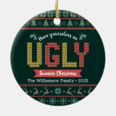 グリーンニット醜いセーターのクリスマスノルディックあなたの名前 セラミックオーナメント (裏面)