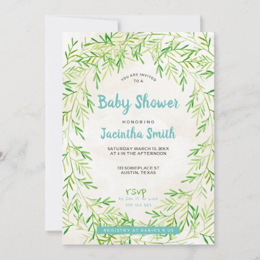 グリーンネイチャー リーフ wreath ベビーシャワー 招待状 (正面)