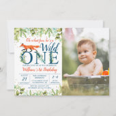 グリーンネイチャー ワイルド フォックス 1歳 誕生日写真 招待状 (正面)