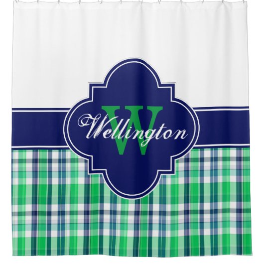 グリーンネイビーブルーウィットマドラスプレイド1I CBリボン名 シャワーカーテン (正面)