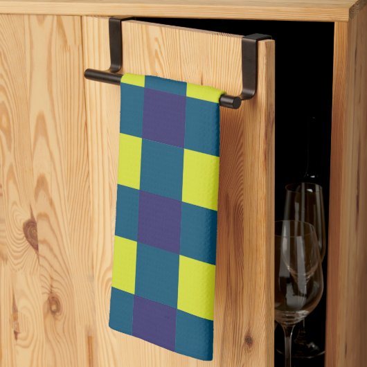 グリーンネイビーブルーチェッカーボード キッチンタオル (三つ折り)