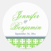 グリーンネイビー名門私立校風の名前をカスタムする結婚式の引き出物ラベル ラウンドシール (正面)