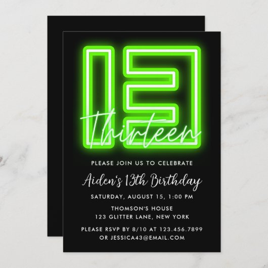 グリーンネオン13番目の誕生日招待状 招待状 (正面/裏面)
