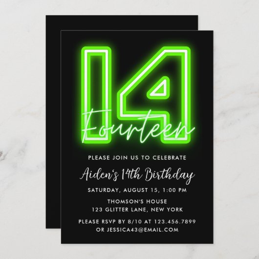 グリーンネオン14番目の誕生日招待状 招待状 (正面/裏面)