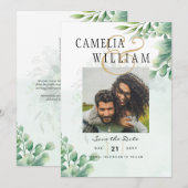 グリーンネリー ゴールド ユーカリ ウェディング QRコード モダン 招待状 (正面/裏面)