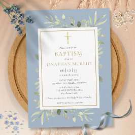グリーンネリー フラワーダスティーブルー 男の子 洗礼 招待状