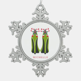 グリーンハイヒールとキャンディーキャン スノーフレークピューターオーナメント