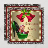 グリーンハイヒールシューズヒョウのクリスマスパーティー 招待状 (正面/裏面)