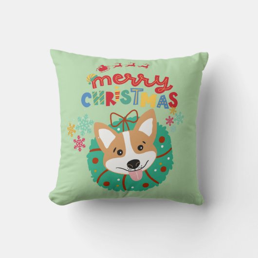 グリーンハスキーをテーマにしたメリークリスマス装飾用クッション クッション (正面)