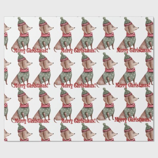 グリーンハットとセーターのダックスシュントのクリスマスラッピング ラッピングペーパー (フラット)
