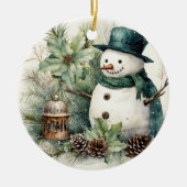 グリーンハットクリスマスの雪だるま セラミックオーナメント (正面)