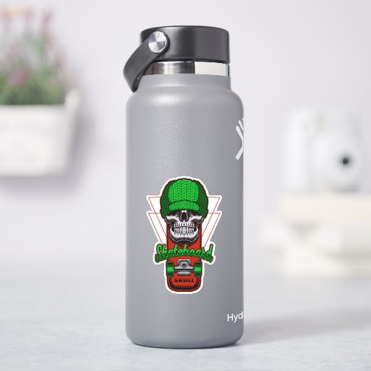グリーンハットスカルブラウンスケートボード4"キスカットビニル シール (HydroFlask)