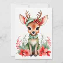 グリーンハットフラットホリデーカード付きクリスマスディアー