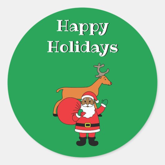 グリーンハッピーホリデイズアフリカンアメリカンサンタクロース ラウンドシール (正面)