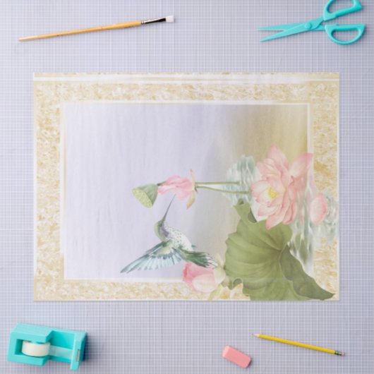 グリーンハミングバードとピンクの花の切り離し 薄葉紙 (クラフト)